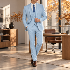 Abito uomo azzurro con giacca monopetto, gilet abbottonato e pantaloni dritti