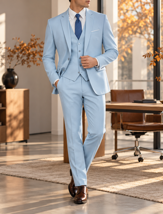 Abito uomo azzurro con giacca monopetto, gilet abbottonato e pantaloni dritti