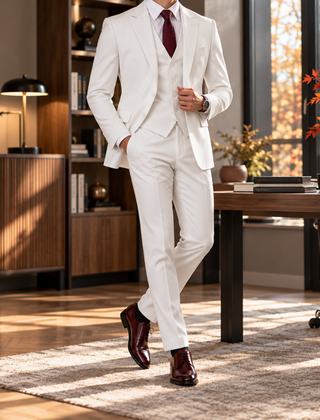 Abito uomo tre pezzi bianco con gilet abbottonato e cravatta bordeaux