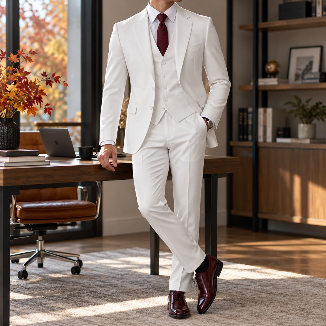 Completo uomo bianco con gilet a bottoni e tasche con pattina