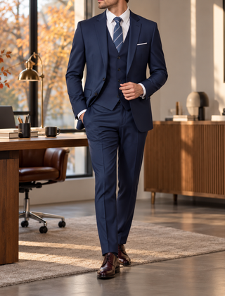 Abito uomo blu navy con gilet a bottoni e tasche con pattina
