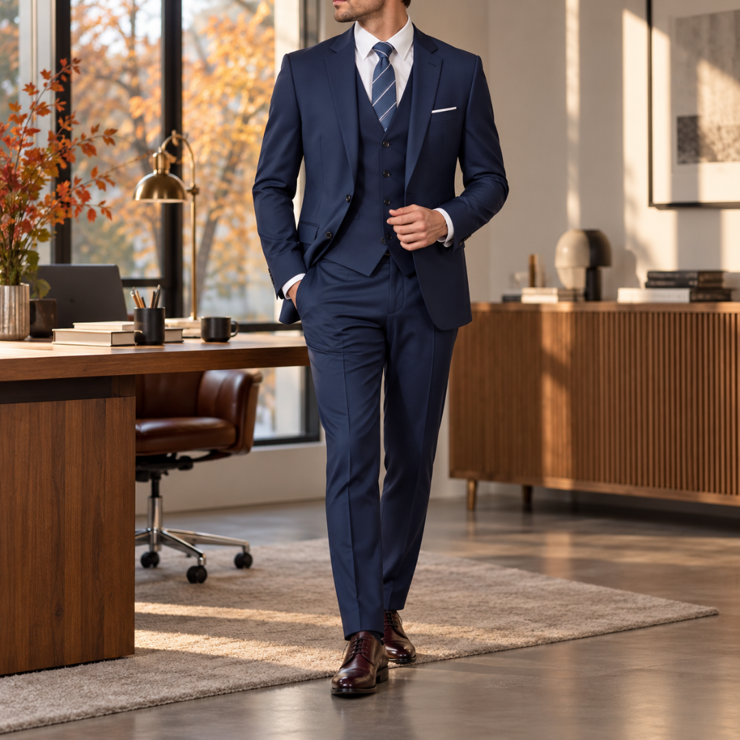 Abito uomo blu navy con gilet a bottoni e tasche con pattina