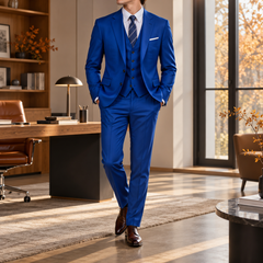 Abito uomo blu elettrico tre pezzi con tasche con pattina e gilet