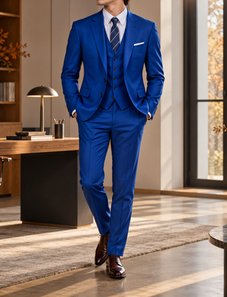 Abito uomo blu elettrico tre pezzi con tasche con pattina e gilet