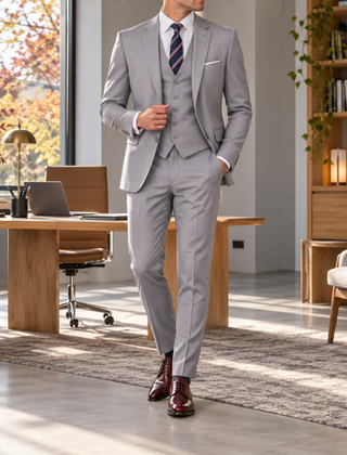 Abito uomo grigio chiaro tre pezzi con pochette bianca e cravatta a righe