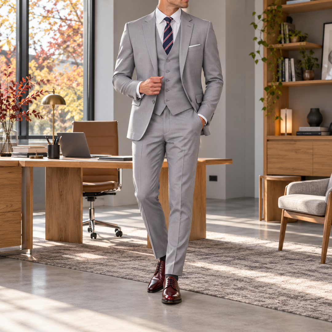 Abito uomo grigio chiaro tre pezzi con pochette bianca e cravatta a righe