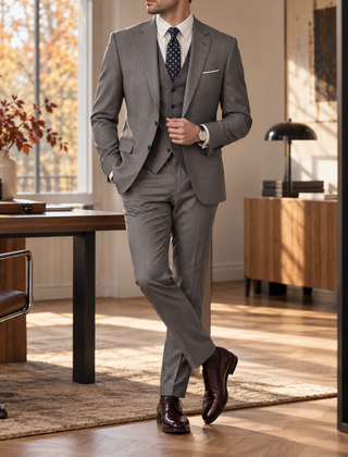 Abito uomo grigio scuro con gilet abbottonato e pantaloni con piega stirata