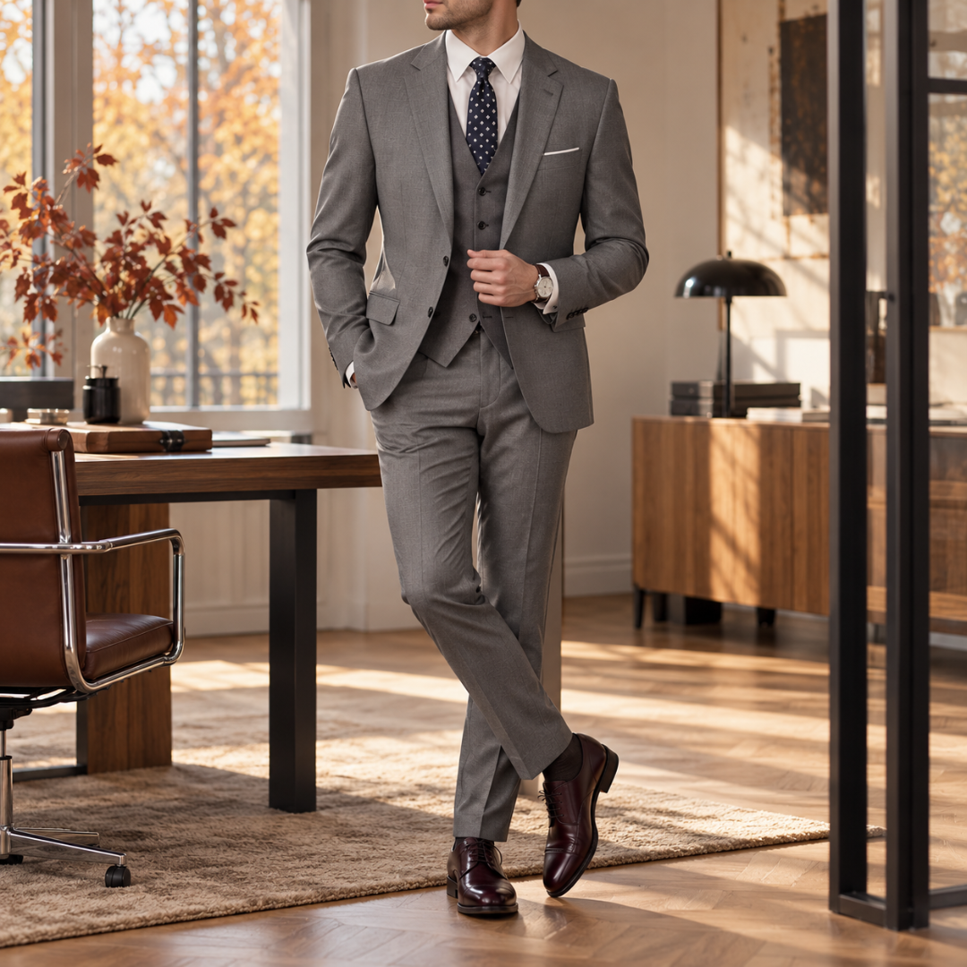 Abito uomo grigio scuro con gilet abbottonato e pantaloni con piega stirata