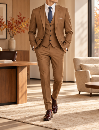 Abito uomo marrone con gilet coordinato, camicia bianca e cravatta blu