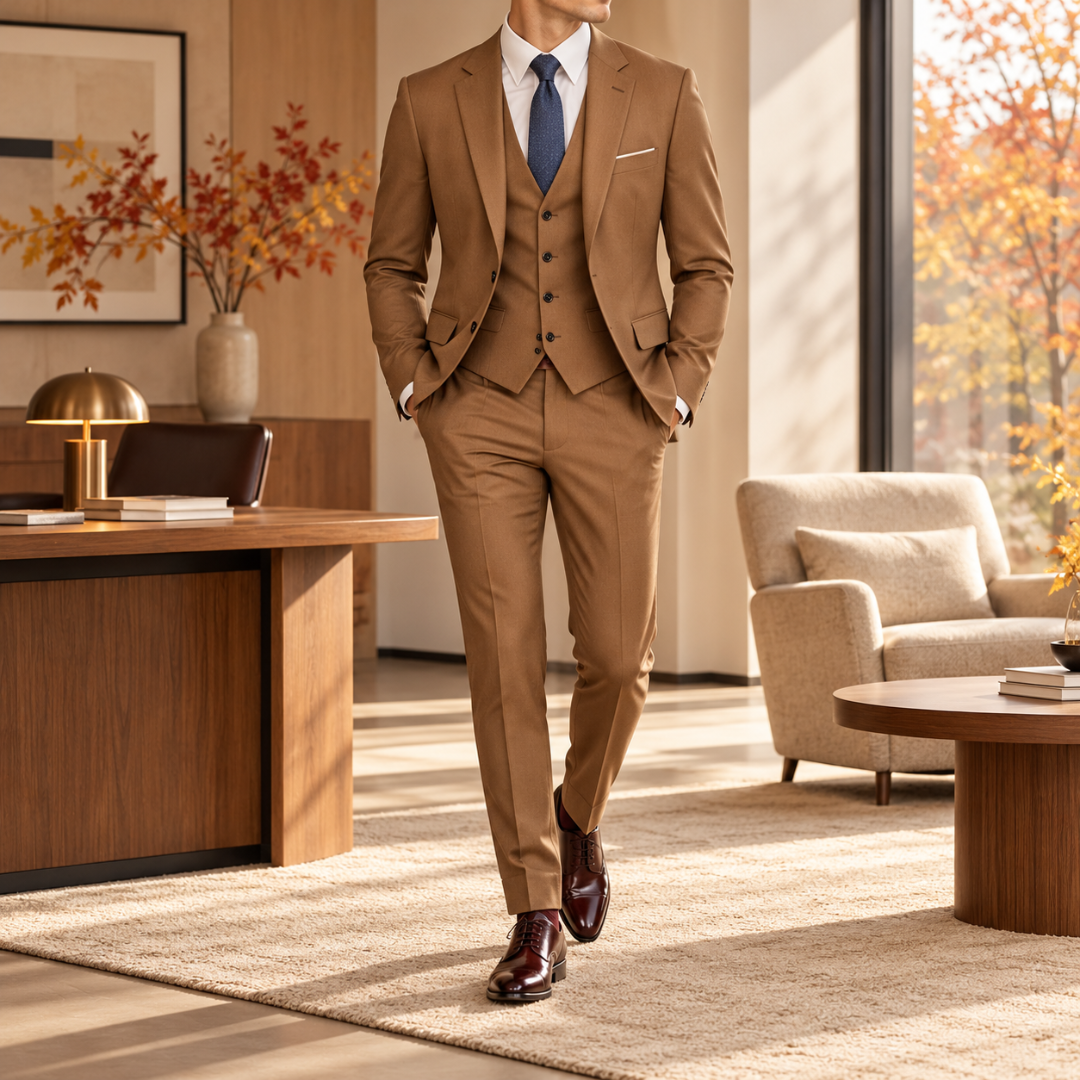Abito uomo marrone con gilet coordinato, camicia bianca e cravatta blu