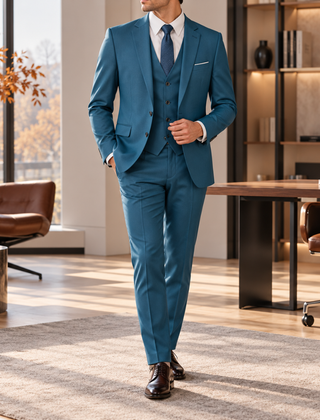 Abito uomo ottanio con giacca monopetto, gilet e pantaloni coordinati