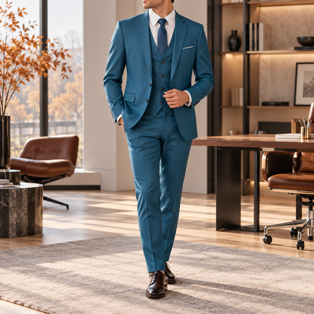 Abito uomo ottanio con giacca monopetto, gilet e pantaloni coordinati