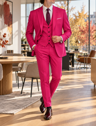 Abito uomo rosa acceso con gilet a bottoni scuri e pantaloni con piega