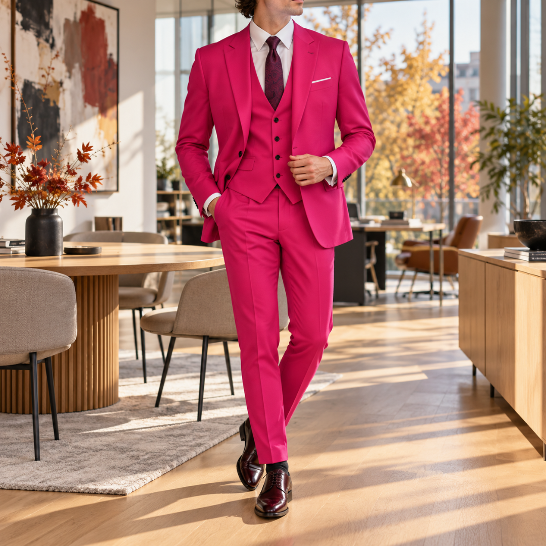 Abito uomo rosa acceso con gilet a bottoni scuri e pantaloni con piega