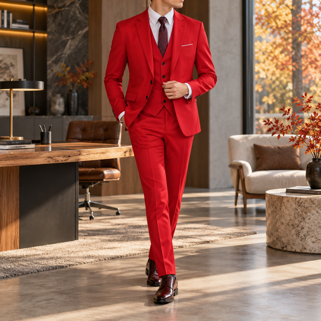 Abito uomo rosso tre pezzi con giacca monopetto e camicia bianca