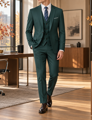 Abito uomo verde scuro tre pezzi con cravatta a righe e pochette