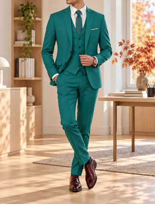 Abito uomo verde tre pezzi con pochette bianca e camicia chiara