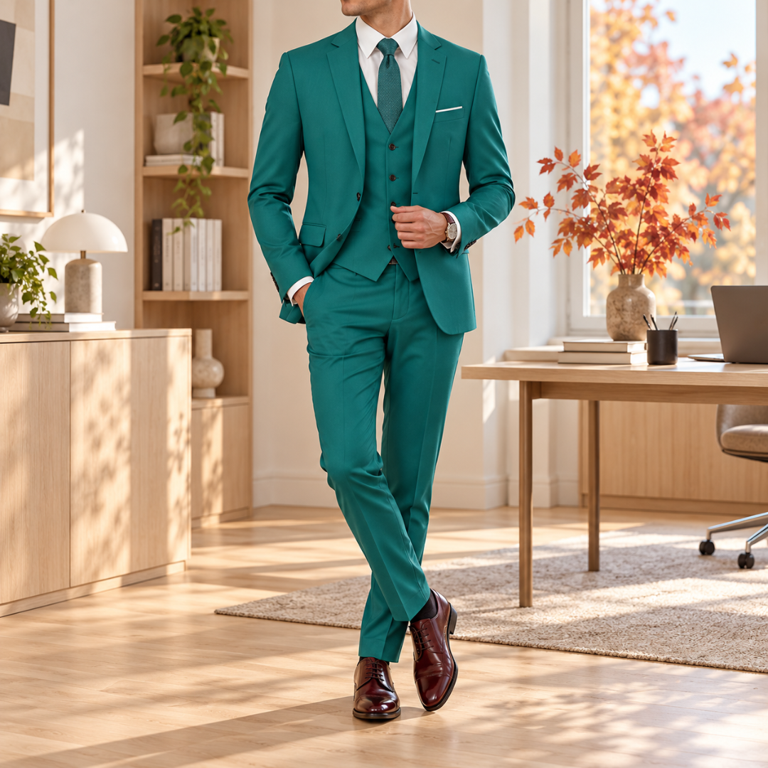 Abito uomo verde tre pezzi con pochette bianca e camicia chiara