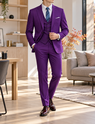 Abito uomo viola con gilet abbottonato, taschino e pochette bianca