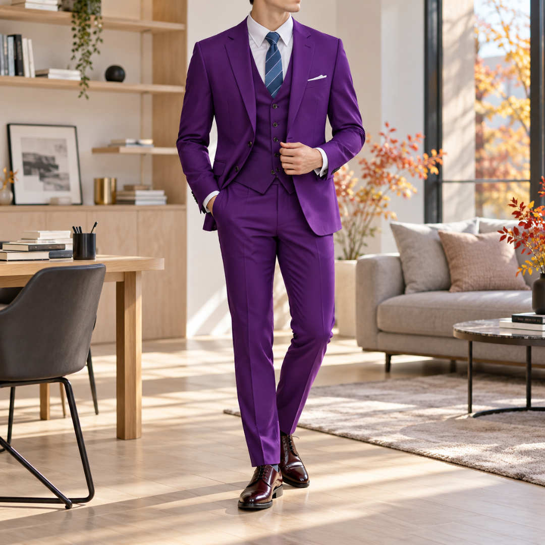 Abito uomo viola con gilet abbottonato, taschino e pochette bianca