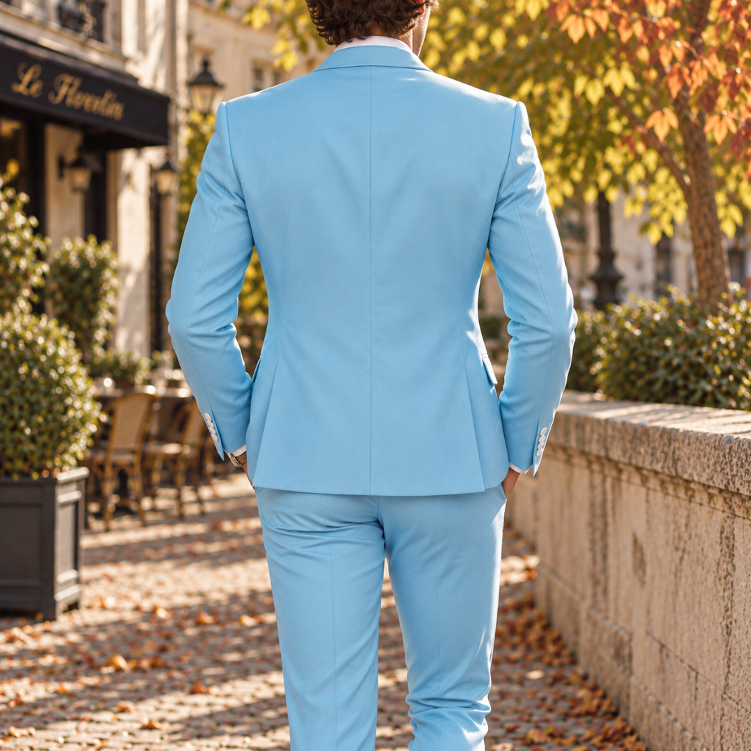 Retro del blazer azzurro dell'abito uomo con cuciture sagomate e pantaloni in tinta