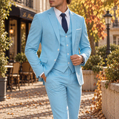 Abito uomo azzurro tre pezzi con gilet abbottonato e tasche con patta