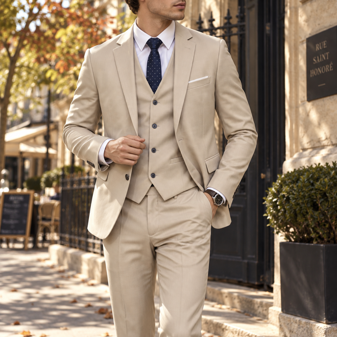 Abito uomo tre pezzi beige con gilet, camicia bianca e cravatta blu a pois