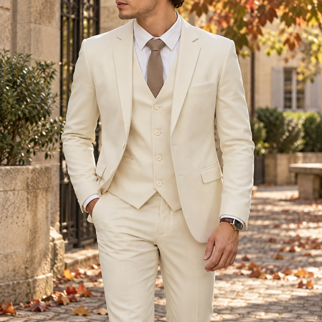 Abito uomo tre pezzi bianco con gilet a quattro bottoni e cravatta beige