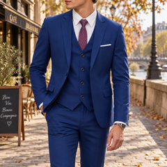 Abito uomo tre pezzi blu navy con gilet, camicia bianca e cravatta bordeaux