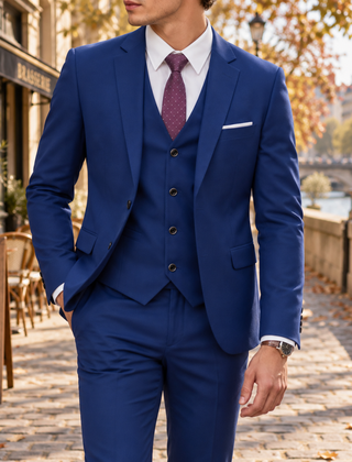 Abito uomo tre pezzi blu navy con gilet, camicia bianca e cravatta bordeaux