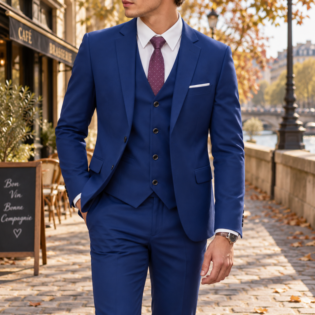 Abito uomo tre pezzi blu navy con gilet, camicia bianca e cravatta bordeaux