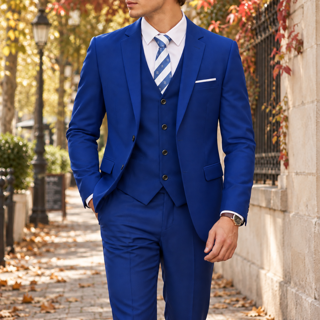 Abito uomo tre pezzi blu royal con gilet e cravatta a righe diagonali