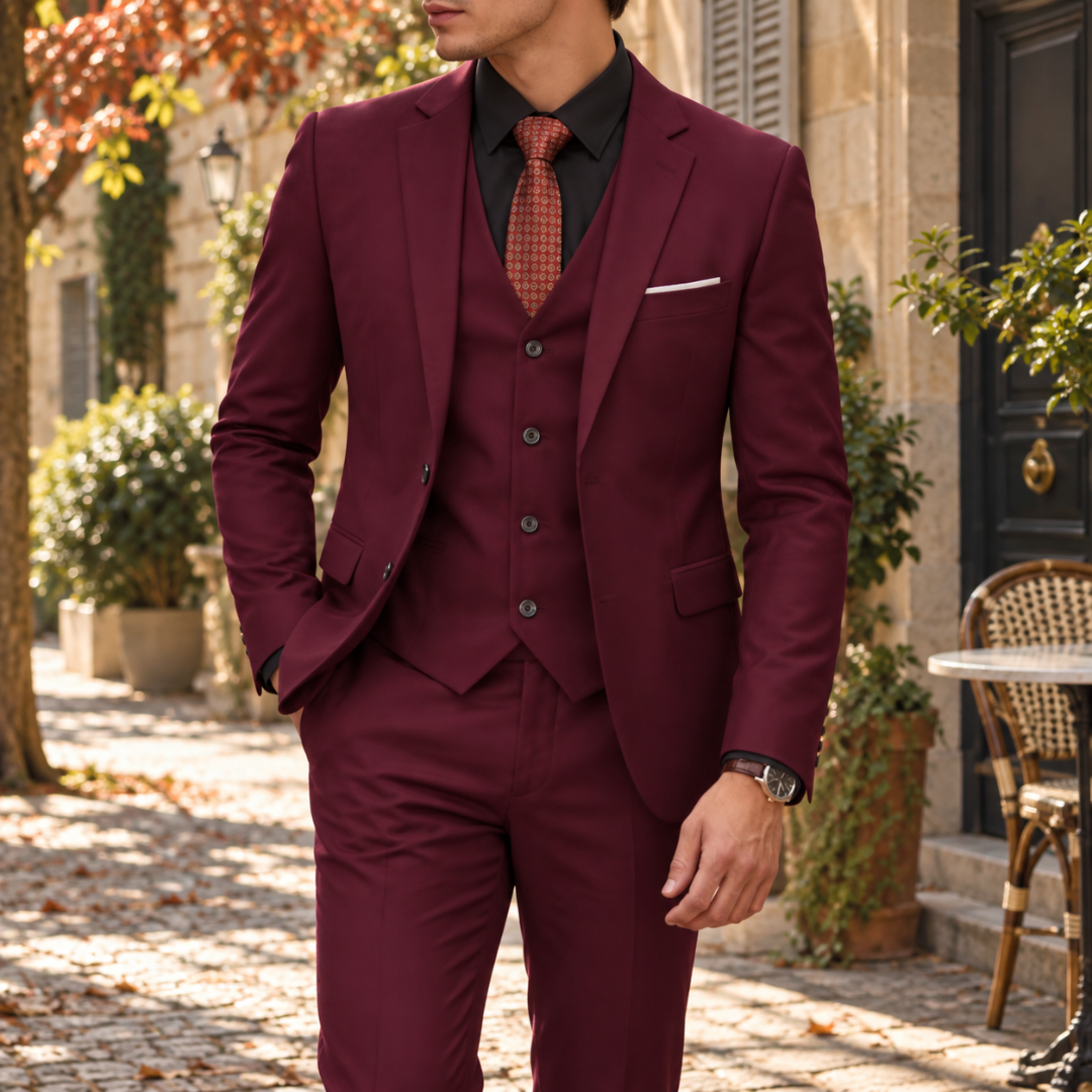 Abito uomo tre pezzi bordeaux con gilet e camicia nera sotto il blazer