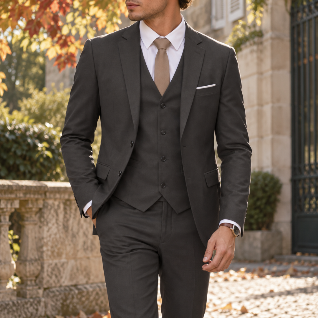 Abito uomo tre pezzi grigio scuro con gilet a quattro bottoni e cravatta beige