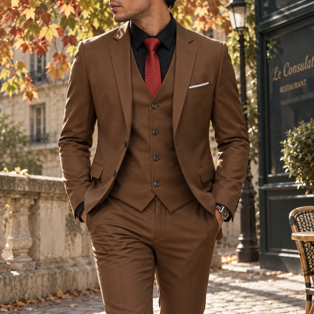 Abito uomo tre pezzi marrone con gilet e camicia nera con cravatta rossa