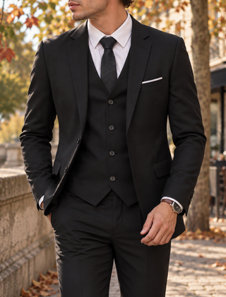 Abito uomo tre pezzi nero con gilet, camicia bianca e cravatta scura