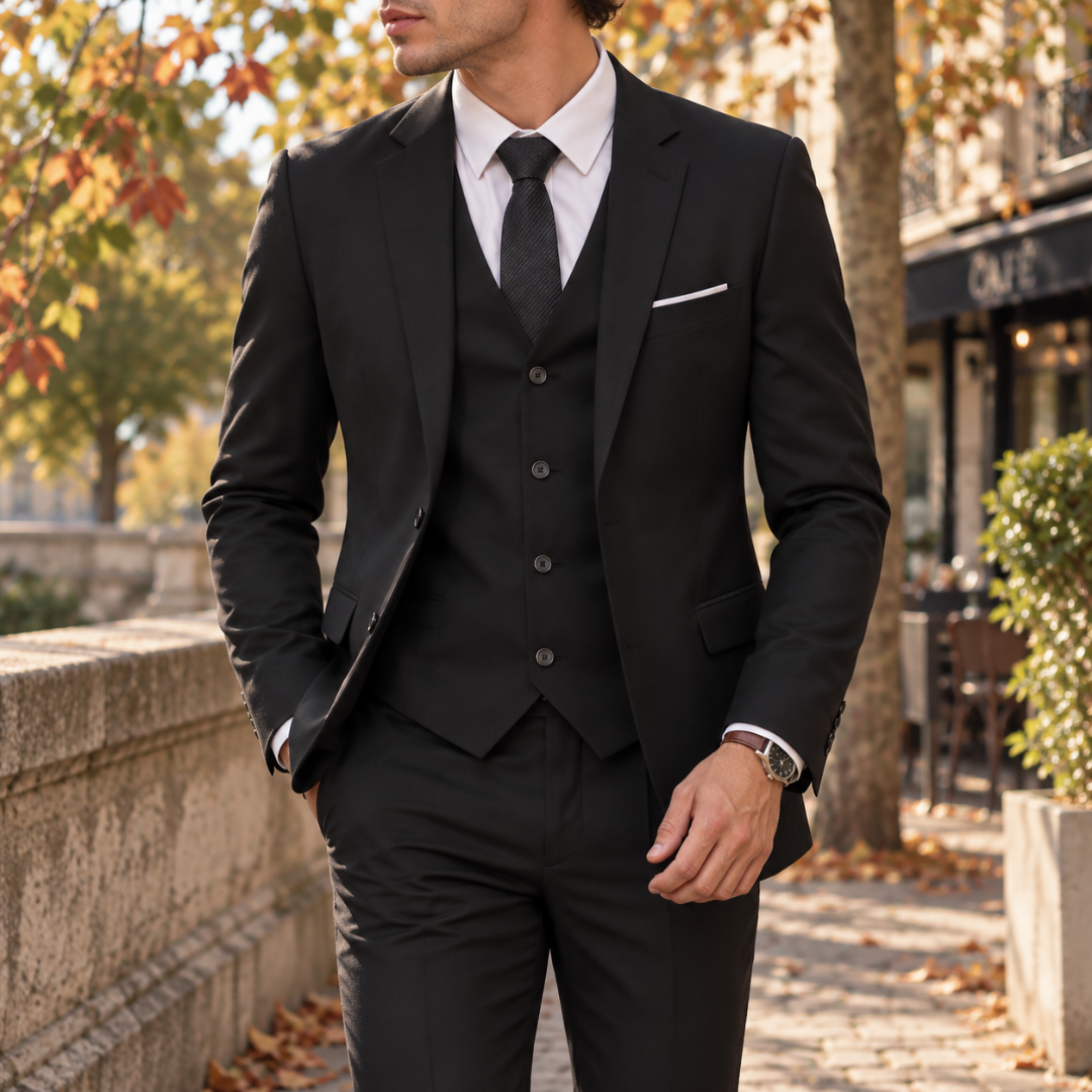 Abito uomo tre pezzi nero con gilet, camicia bianca e cravatta scura