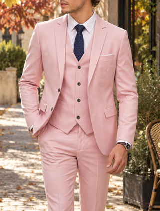 Abito uomo tre pezzi rosa con blazer a due bottoni e gilet coordinato