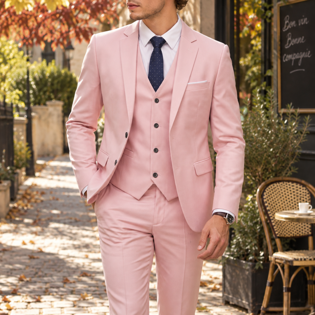 Abito uomo tre pezzi rosa con blazer a due bottoni e gilet coordinato