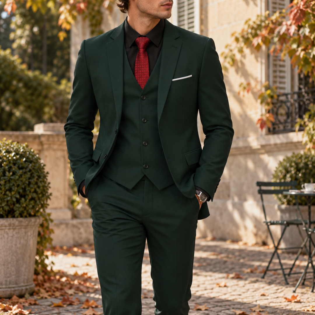 Abito uomo tre pezzi verde scuro con gilet abbottonato e cravatta rossa