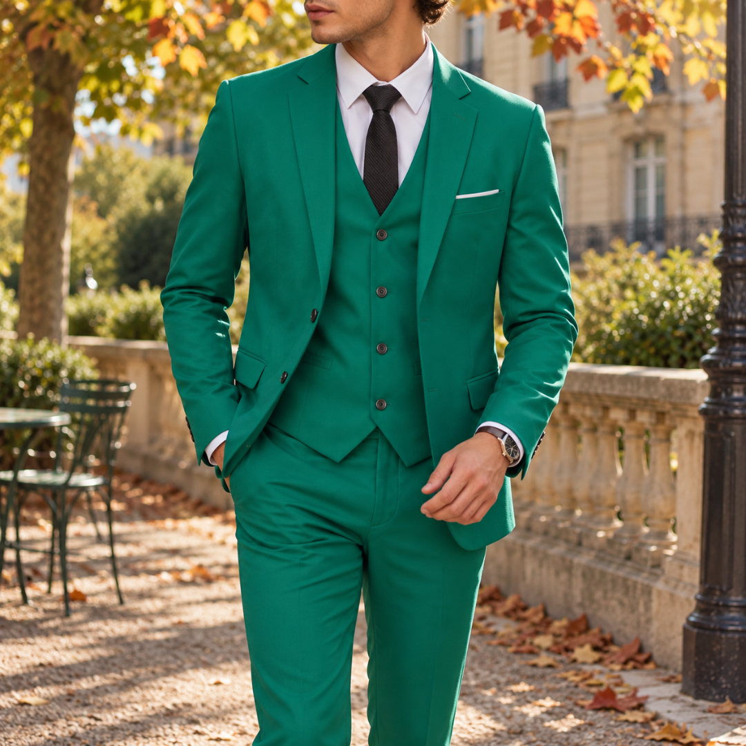 Abito uomo tre pezzi verde con gilet a quattro bottoni e cravatta nera