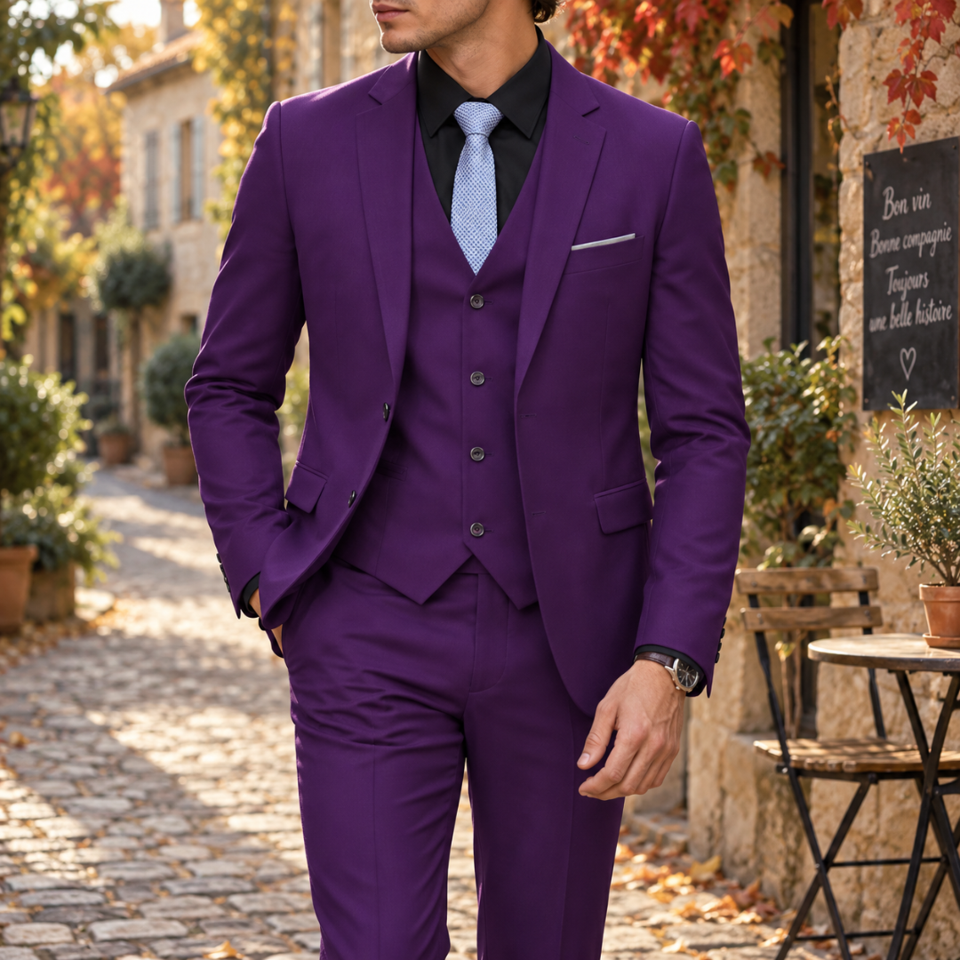 Abito uomo tre pezzi viola scuro con gilet e tasche con patta sul blazer