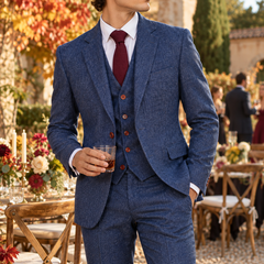 Abito uomo blu tre pezzi con revers a dentello e gilet