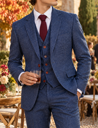 Abito uomo blu tre pezzi con revers a dentello e gilet