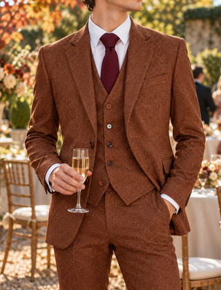 Abito uomo marrone con gilet abbottonato e tasche con pattina