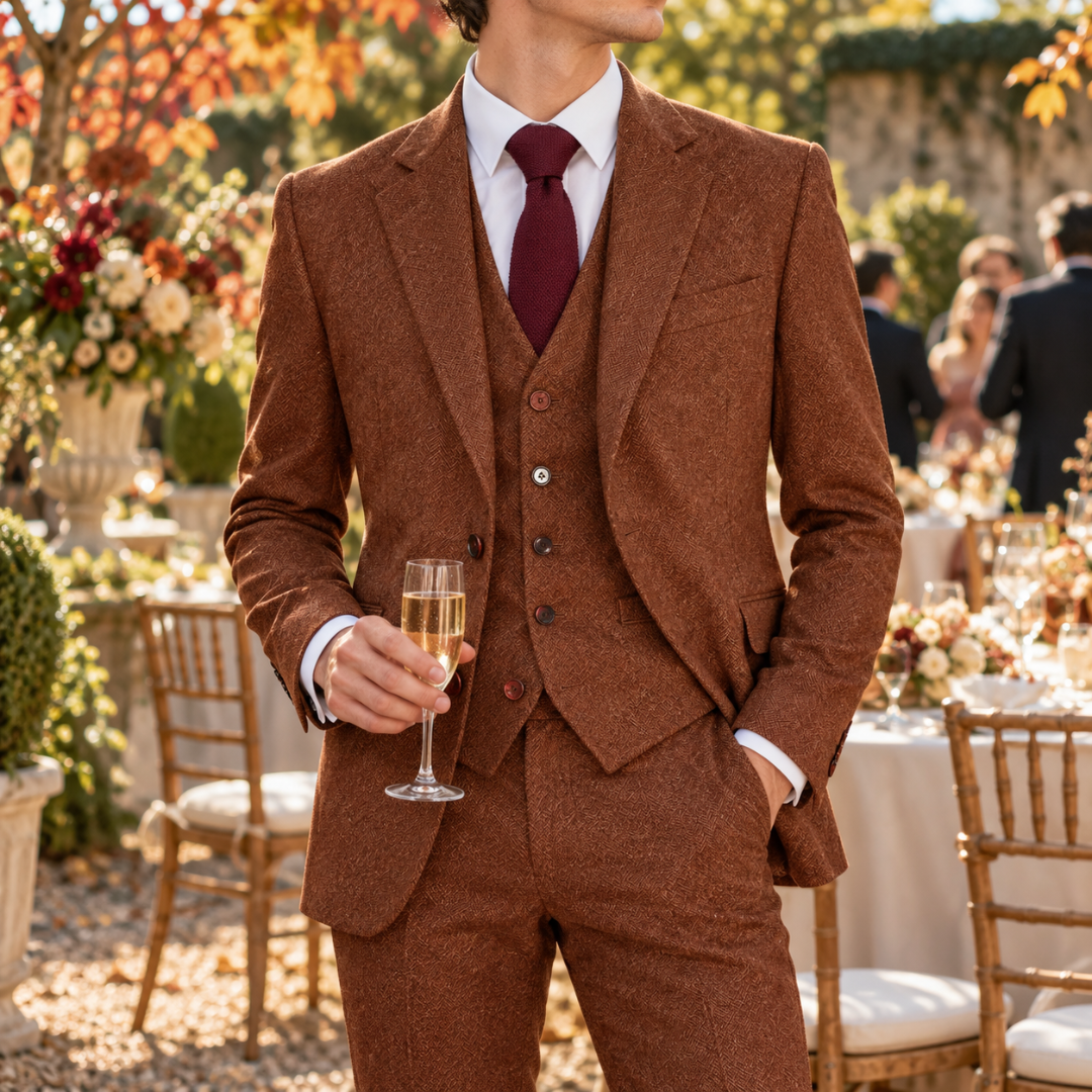 Abito uomo marrone con gilet abbottonato e tasche con pattina