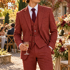 Abito uomo tre pezzi rosso con gilet abbottonato e revers a dentello