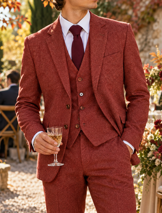 Abito uomo tre pezzi rosso con gilet abbottonato e revers a dentello