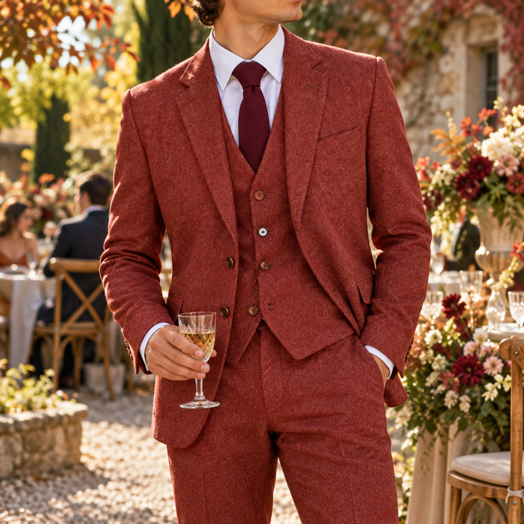 Abito uomo tre pezzi rosso con gilet abbottonato e revers a dentello