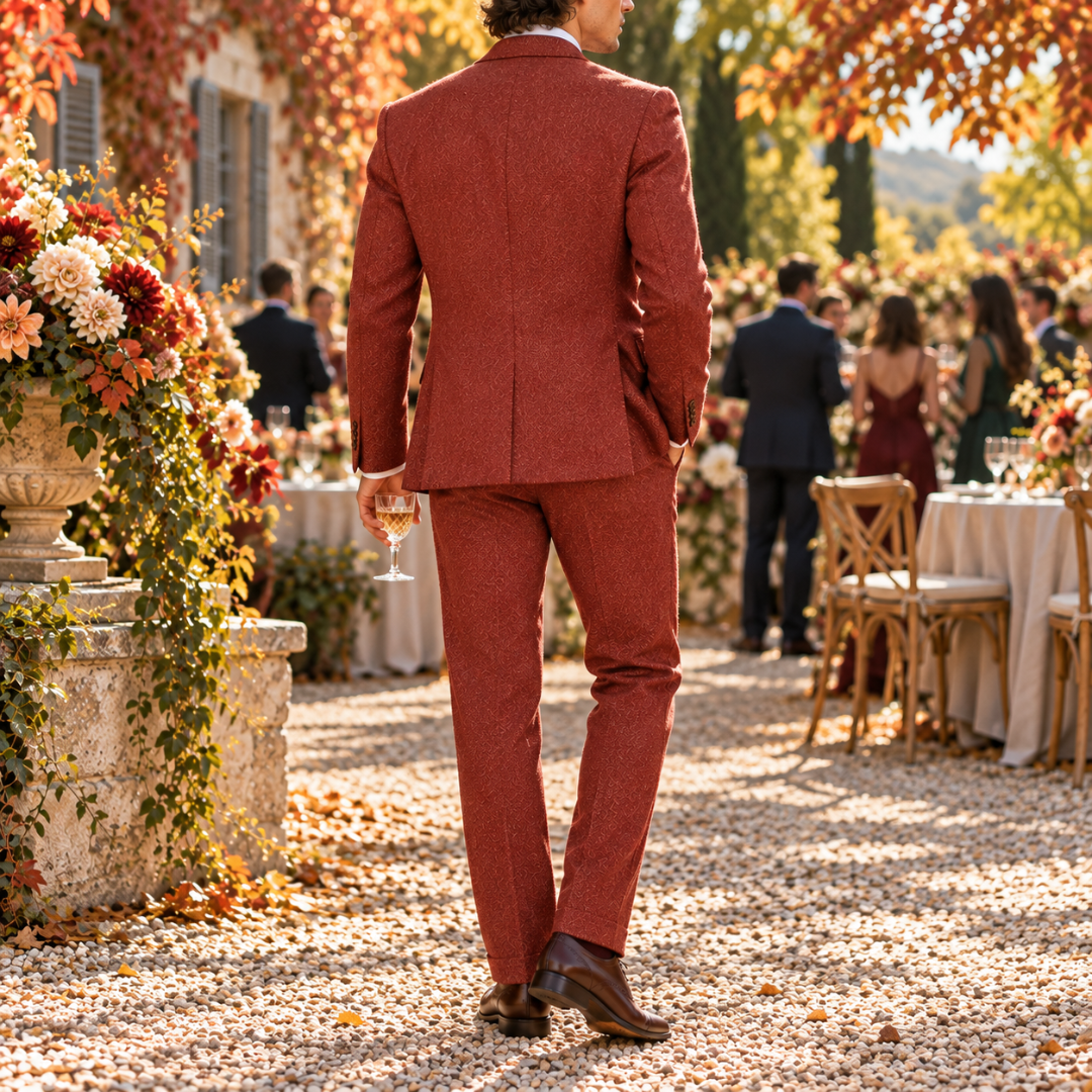 Retro dell'abito uomo rosso con spacco centrale e pantaloni coordinati